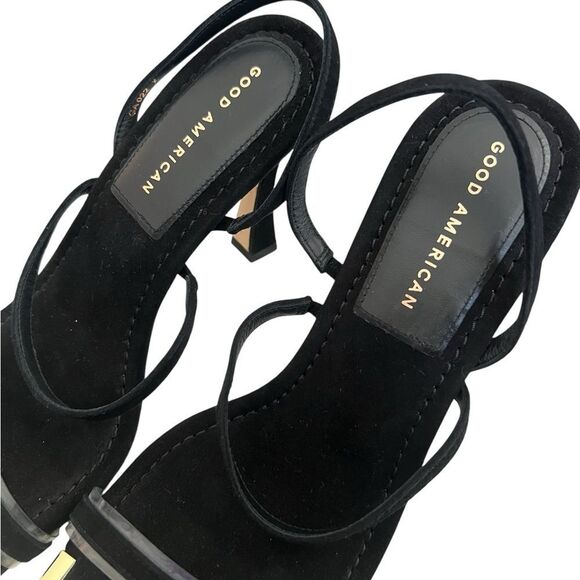 GOOD AMERICAN Velvet Strappy Heels Gold Square Toe Accent - Picture 3 of 7